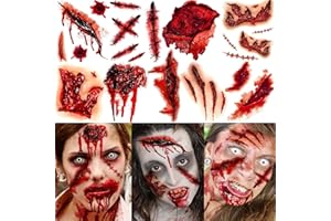 COKTAK 9 Blatt Halloween Fake Narben Tattoos Damen Herren Erwachsene, Fake Wunde Blut Verletzung Schnitt Kratzer Stiche Temporäre Tattoos Aufkleber, Vampir Gesicht Halloween Zombie Make Up Kit Zubehör