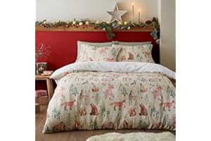 Fusion Woodland Animals Duvet Cover Double Bed Teddy Fleece Winter Bedding (200x200cm) – Reversible – 2 Pillowcases – Natural Christmas Design – Soft Festive Bedding, Cream