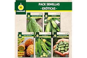 M MASCARELL SEMILLAS DESDE 1920 Mascarell Semillas, PACK SEMILLAS EXOTICAS, Kit Huerto en Casa. Fácil de Cultivar, Contiene Cucamelon, Kiwano, Melón Amargo, Okra y Luffa.