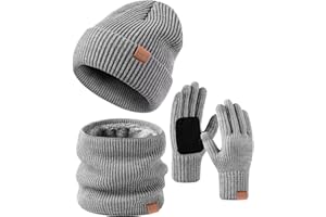 FISFET Mens Womens Hat Scarf Gloves Set, Knit Lined Warm Winter Touch Screen Gloves Beanie Hat Neck Warmer Snood for Cold Weather, Fashion 3 in 1 Winter Warm Gift Set