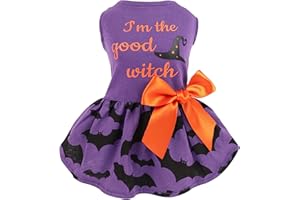 Fitwarm 100% Cotton I'm The Good Witch Halloween Dog Costume Puppy Dress Doggie Party One Piece with Bowknot Pumkin Bat Pet Vest Shirt Holiday Cat Outfits Purple X-Small