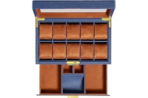 ROTHWELL Caja de reloj de cuero de 10 ranuras con cajón de valet – Organizador de lujo de la caja del reloj forro de microgamuza suave soporte de bloqueo para relojes de joyería tapa de cristal grande