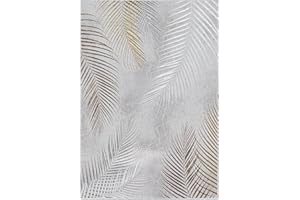 the carpet Mila moderno tappeto soggiorno, elegante tappeto lucido a pelo corto soggiorno in grigio con motivo piume oro argento, tappeto, 120 x 170 cm