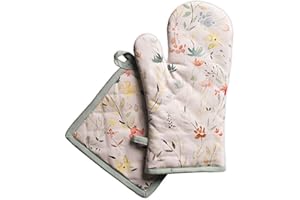 Maison d' Hermine Colmar Set di guanti da forno in 100% cotone (19cm x 33cm) e presina (20cm x 20cm) per barbecue, cottura, forno a microonde, grigliate, primavera, estate, Pasqua