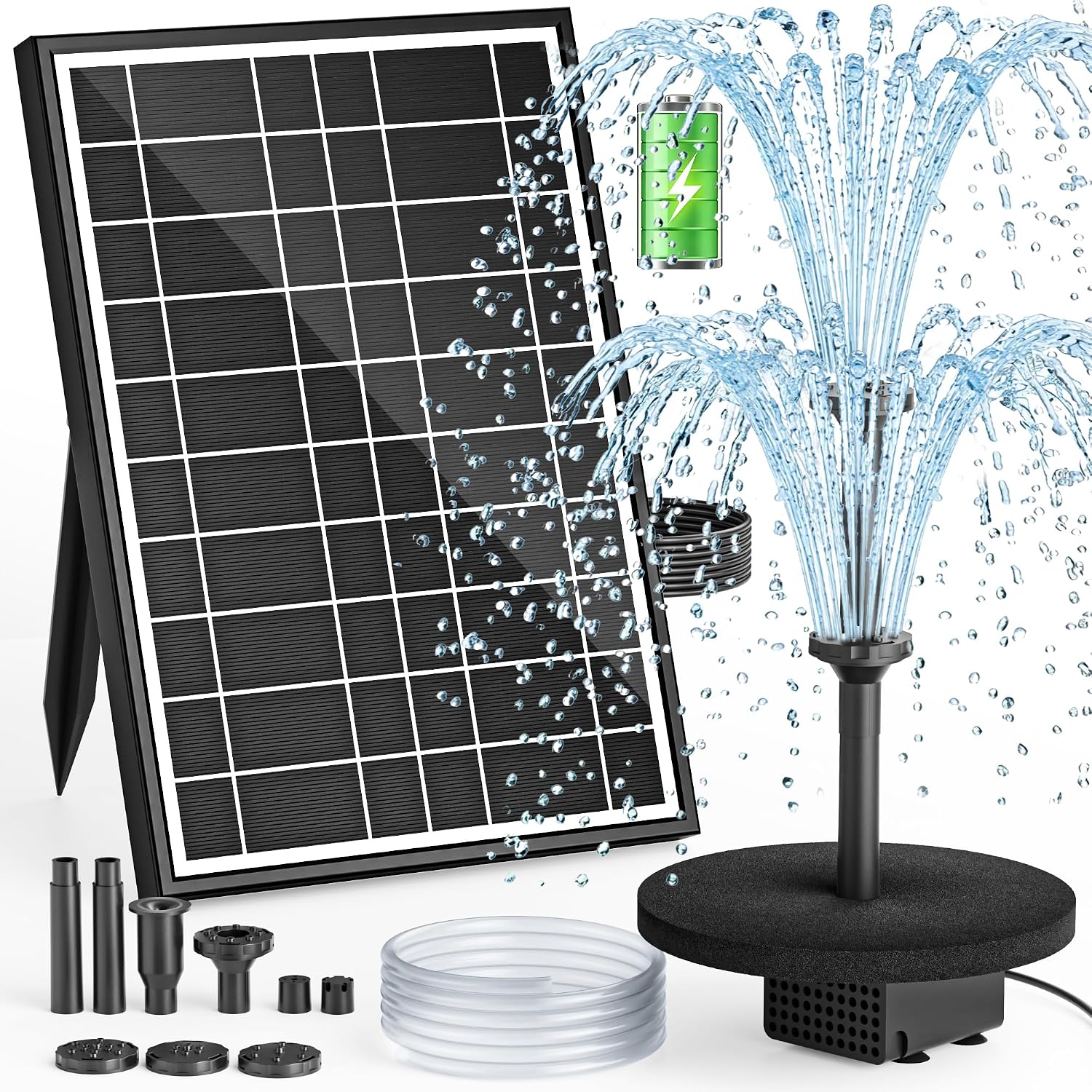 PONDIA Solar Fountain Pump with Battery Backup, 8.5W Solar Water Pump Built-in 3400mAh Battery, 7 Spray Modes & 5Ft PVC Tubing with Floating Pad for Small Pond, Garden Water Feature, Bird Bath