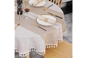 SUCHDECO Lniany obrus okrągły, 140 cm, zmywalny, bawełniany obrus na stół, nie gniecie się, pyłoszczelny, z frędzlami, haft w paski, do kuchni, jadalni, stołu kawowego, stołu ogrodowego, khaki