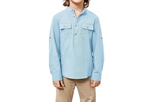 Saodimallsu Camisa informal para niño, corte regular, manga larga, camisa de lino, cuello alto, camiseta Henley, camisa ligera para el tiempo libre