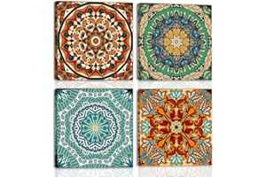 HPNIUB Vintage Mandala Blumen Wandkunst,Boho Böhmische Mexikanische Talavera Marokkanische Wandkunst Hängende Malerei,Mittlerer Osten Dekor Hippie Zimmer Dekor Set von 4(40.40cm)