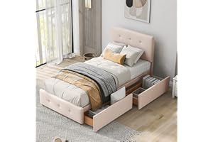 Kehun Polsterbett 90x200 cm, Kinderbett Jugendbett Einzelbett Gästebett mit 2 Stauraum Schubladen und Lattenrost, Stauraumbett mit Kopfteil und Bettkasten, Samt, Dunkelbeige, Ohne Matratze