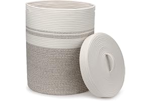 Goodheim Foldable Laundry Basket with Lid, Laundry Hamper - Laundry Baskets, Baskets, Braided Large & XXL, White, Brown, Cotton Basket, Storage Basket, Large (37 x 52 cm)