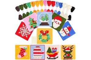 Pllieay Natale 10 in 1 Kit per principianti del punto croce per bambini, include 10 schemi diversi, 10 tele di plastica stampate per il lavoro ad ago, set di cucito iniziale per il punto ad ago