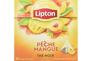 Lipton, Thé Noir, Goût Pêche et Mangue, Vitalité, Certifié Rainforest Alliance, 20 Sachets