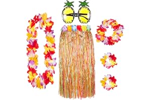 REDSTAR 6er Hawaii Hula Set – Hawaii Kostüm Damen mit Bastrock, Hawaii Kette Blumen und Ananas Brille – Wähle aus Natur- oder Buntem Rock – Hawaii Outfit Damen