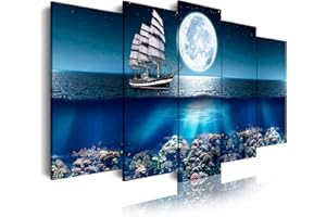 DekoArte 293 - Impression Sur Toile Moderne D'Images Artistiques Numérisées | Toile Décorative Pour Votre Salon ou Votre Chambre | Style Paysage Mer Océan Bateau Voilier | 5 Pièces 150 x 80 cm