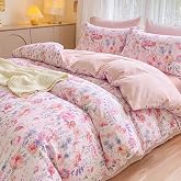 Bedsure Double Duvet Cover Set - Printed Reversible Bedding, Pink | Soft Pink Floral Duvet Covers with 2 Pillowcase and Zippe