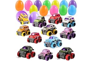 JOYIN 12 Pcs 3.8” Prefilled Easter Eggs with Pullback Monster Cars for Kids Boys Easter Egg Hunt, Plastic Push and Go Racing Vehicles Toy Easter Baskets Stuffer Party Bag Fillers Party Favors