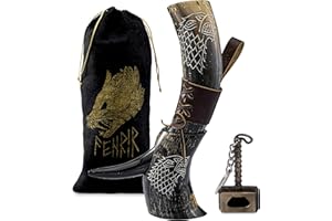 FENRIR Cuerno vikingo para beber, 16 onzas, regalos para papás, maridos, taza de cuerno de buey natural con abridor de botellas Thor y funda de cuero
