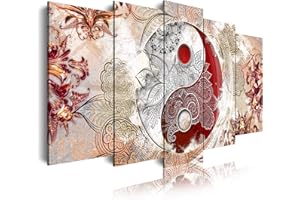 DekoArte 509 - Impression Sur Toile Moderne D'Images Artistiques | Toile Décorative Pour Votre Salon Ou Votre Chambre | Style Abstrait Ying Yang Zen Couleurs Beige et Rouge | 5 Pièces 150 x 80 cm