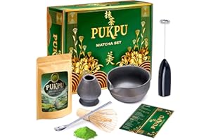 PUKPU Set Matcha Premium – Coffret Cérémonial Japonais avec Thé en Poudre, Fouet Électrique, Fouet Bambou Chasen, Cuillère Chashaku, Bol Matcha & Accessoires Inox – Kit Cadeau Élégant Amateurs de Thé