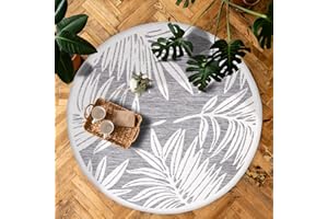 payé Outdoor Teppich Rund - 200x200cm - Wetterfest - Grau Weiß - Pflanzen Muster - Teppiche für Terrasse Balkon Garten Indoor