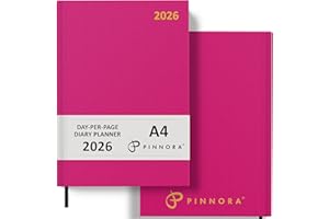 Pinnora Diary 2026 A4 Day Per Page, Deep Pink Year Planner Organiser 2026 Day Per Page, 2026 Planner, Home, School & Office, Hard Back 2026 Diaries, A5 & A4 2026 Diary in Day Per Page & Week To View