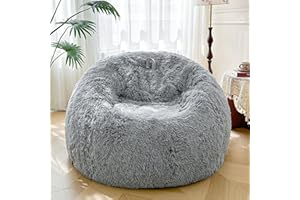 XeGe 5FT Giant Fluffy Bean Bag Chair Cover(No Filler), Ultra Soft Gray Faux Fur Stuffed Animal Storage Bean Bag, Plush Shaggy XL Large Beanbag for Living Room Bedroom Home Decor, Light Grey