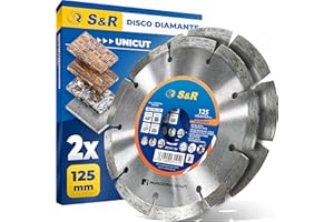 S&R Disco Tronzador Diamante Amoladora 125 mm Hormigón, Piedra natural, Ladrillo. Juegos 2 Discos Turbo Diamantados Universales