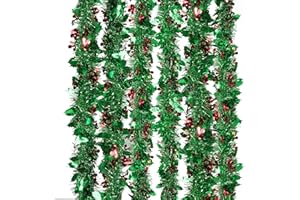 GEBETTER 6Pcs x 2m Guirnaldas Navidad, Espumillon Árbol Navidad, Oropel Hojas Verdes Bayas Rojas, Decoración Navideña Adorno Escalera Chimenea Pared Techo Ventana Hogar Fiesta Regalo (Verde)