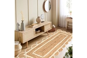 The Home Talk Scalloped Jute Rectangular Rug - Natural Fiber Scallop Rug Rustic Vintage Braided Handwoven Indoor Carpet for Entryway/Kitchen/Frontdoor (Natural & White, 60 x 150 cm)