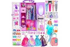 EBUDDY 106pcs 11.5 inch Girl Doll With Doll Closet Clothes and Accessories,Blue Fur Shawl with Dress, Luggage, Princess Gowns, Outfits, Bikini, Shoes Rack Toys for 3+ Years Old Girls (include doll)