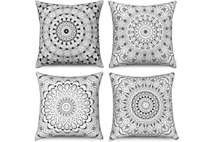 Hnmdmyi Funda de Cojín Boho 40x40 Juego de 4, Negro Retro Floral Mandala Compás Medallón Bohemio Decorativo Fundas de Cojín de Lino para Sofá Cama Jardín Exterior Decoración del Hogar