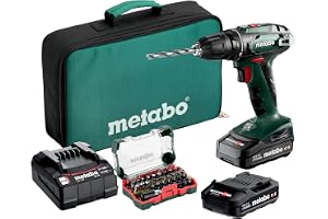 Metabo batteridriven borrskruvdragare BS 18 – 602207930 – 18 V – Med 32-delars bitssats – Inklusive två batterier och laddare