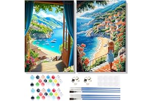 Lxmsja 2 Pezzi Dipingere con i Numeri Adulti Con Cornice, Paesaggio Paint by Numbers Kit Principianti Con 3 Penne, Hobby Creativi Adulti Idee Regalo Donna Decorazioni Casa - 20x30cm