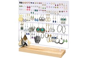 BELLE VOUS Joyero Blanco de Metal Organizador de Pendientes Base de Madera – Expositor Pendientes 144 Agujeros 3 Niveles – Para Pendientes, Collares, Tachas para Mujeres y Chicas