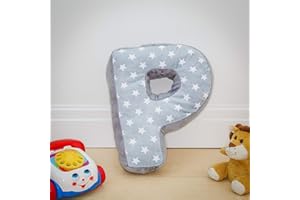 REPLICUSHION Alphabet Cushion P | Letter Pillow P | Decorative Nursery Bedroom Sofa Couch | Letter Shape | Personalised Initial | Grey Stars | Wedding Christening Gift