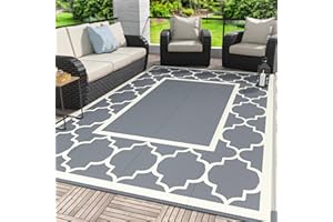 GENIMO 6' x 9' Outdoor Rug Waterproof for Patio Decor, Foldable Reversible Plastic Straw Area Rugs Mat for Camper, Outside Carpet for Rv, Deck, Porch, Picnic, Beach, Balcony, Grey & Beige White