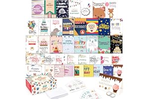 Feela 40 Happy Birthday Cards Pack, 40 Designs Birthday Cards Multipack and 40 Blank Envelopes，48 Pieces of Stickers 2 Washi Tapes, 4 X 6 Inches Blank Greeting Cards for Women, Men, Friends and Kids