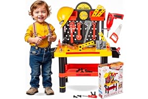 Kinderplay Banco Herramientas Juguete y Casco Tool & Brains - Banco de Trabajo Juguete, Caja de Herramientas Niños 2 Años, Taller Mecánico Juguete, Set de Herramientas para Niños (KP2646)
