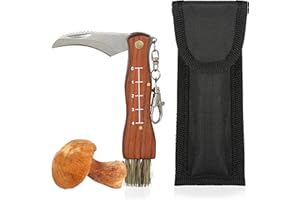GERCAR Pilzmesser mit Bürste inkl. Tasche - Klinge klappbar aus rostfreiem Stahl, Holzgriff mit Lineal und Pilzbürste, Tolles Taschenmesser Geschenk für jeden Pilzsammler