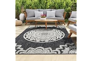 homeart Outdoor Rug - Easy-Clean, Durable, Stain-Resistant, Weather & UV Resistant Indoor & Outdoor Rugs for Porch, Deck, Balcony, Garden, Picnic and Patio | Mandala Black, Cream - 80x150cm