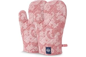 ‎ENCASA XO Encasa XO Ofenhandschuhe Hitzebeständig | Mikrowellenkoch-Mitten Für Backen & Küchengebrauch | 18x30 cm | Baumwollutensilienhalter - Chambray-Stoff (Packung Mit 2, Rot)