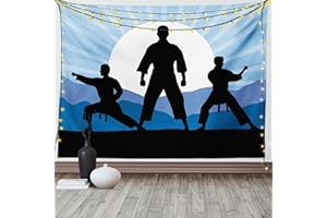 ABAKUHAUS Kung Fu Arazzo, Karate Men Silhouettes Sun, Tessuto Parete Appeso Decorazione per Camera da Letto, Soggiorno, dormitorio, 150 x 110 cm, Cielo Blu Grigio