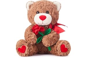 IKASA Orso Animale Peluche Amore con Fiocco per San Valentino,Simpatico Peluche 27cm con Rosa Piccolo Giocattolo Morbido,Regali per La fidanzata