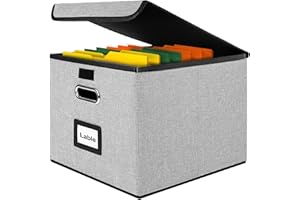 Okydoky Cajas de almacenamiento grises con tapa, caja colgante de tablero de fibra y papel en elegante aspecto de lino, adecuadas para el hogar y la oficina, caja de almacenamiento de archivos y