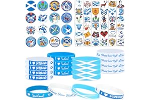DPKOW 68pcs Scottish Accessories Burns Night Gifts, 16pcs Scottish Pin Badges, 36pcs Scottish Temporary Tattoos, 16pcs Scottish Wristbands, Blue White Scottish Party Favours Burns Night Decorations