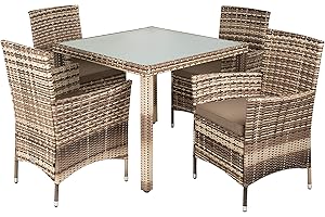 ESTEXO Polyrattan Gartenmöbel Set Sitzgruppe Rattan Gartenset Essgruppe Stuhl Tisch Set Garten Tisch und Stuhl Set 4 Personen Glas Glastisch (Beige-Braun)