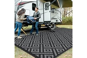 GENIMO Outdoor Rug for Patio Clearance, 8'x16' Waterproof Camping Mat, Reversible Plastic Straw Rugs for RV, Camper, Balcony, Backyard, Picnic, Deck, Black & Gray
