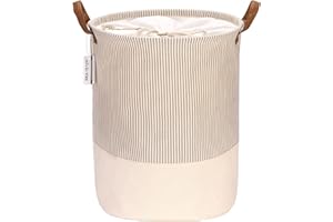 Sea Team Kosz na pranie w paski, tkanina płócienna, kosz na pranie, składany kosz do przechowywania z uchwytami ze skóry PU i zamknięciem na sznurek, 45 x 35 cm, wodoodporny wewnątrz, szary