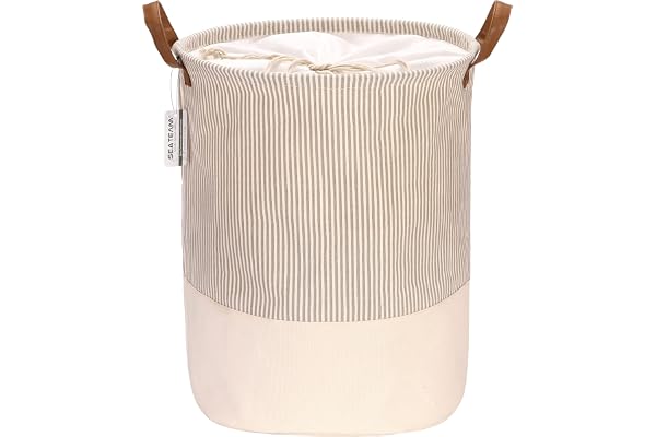 Sea Team Panier à linge en tissu à rayures avec poignées en cuir PU et fermeture à cordon, 17,7 x 13,8 pouces, intérieur imperméable, gris