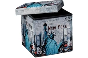 Relaxdays Reposapiés, Baúl Almacenaje, Puff, Banco Plegable, Cuero Sintético, 38x38x38 cm, máx. 300 Kg, Diseño New York